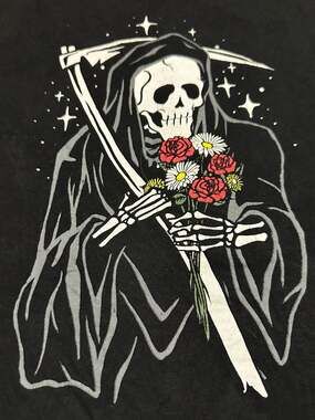 Taco Black T-Shirt with Grim Reaper and Flowers Graphic, Size Large